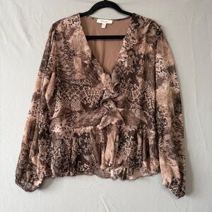 Haver & Blair London Womens Boho Ruffle Front Blouse Size 1X Brown Forest Fairy